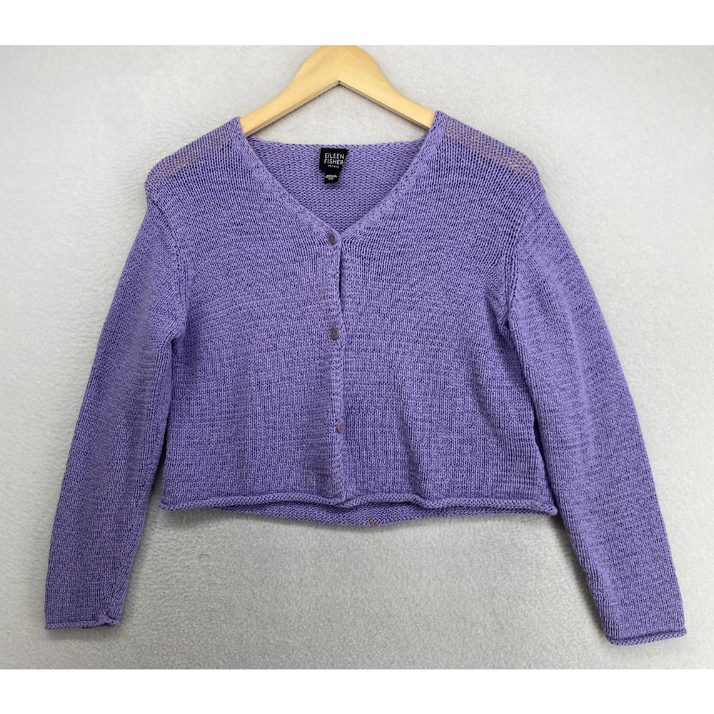 EILEEN FISHER Sweater PS Cotton Tape Yarn Crop Cardigan Button Up Purple HK VTG